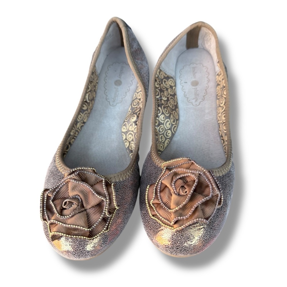 Lindsay Phillips Liz Ballet Flats Metallic Bronze Leather Rose Embellishment 6.5